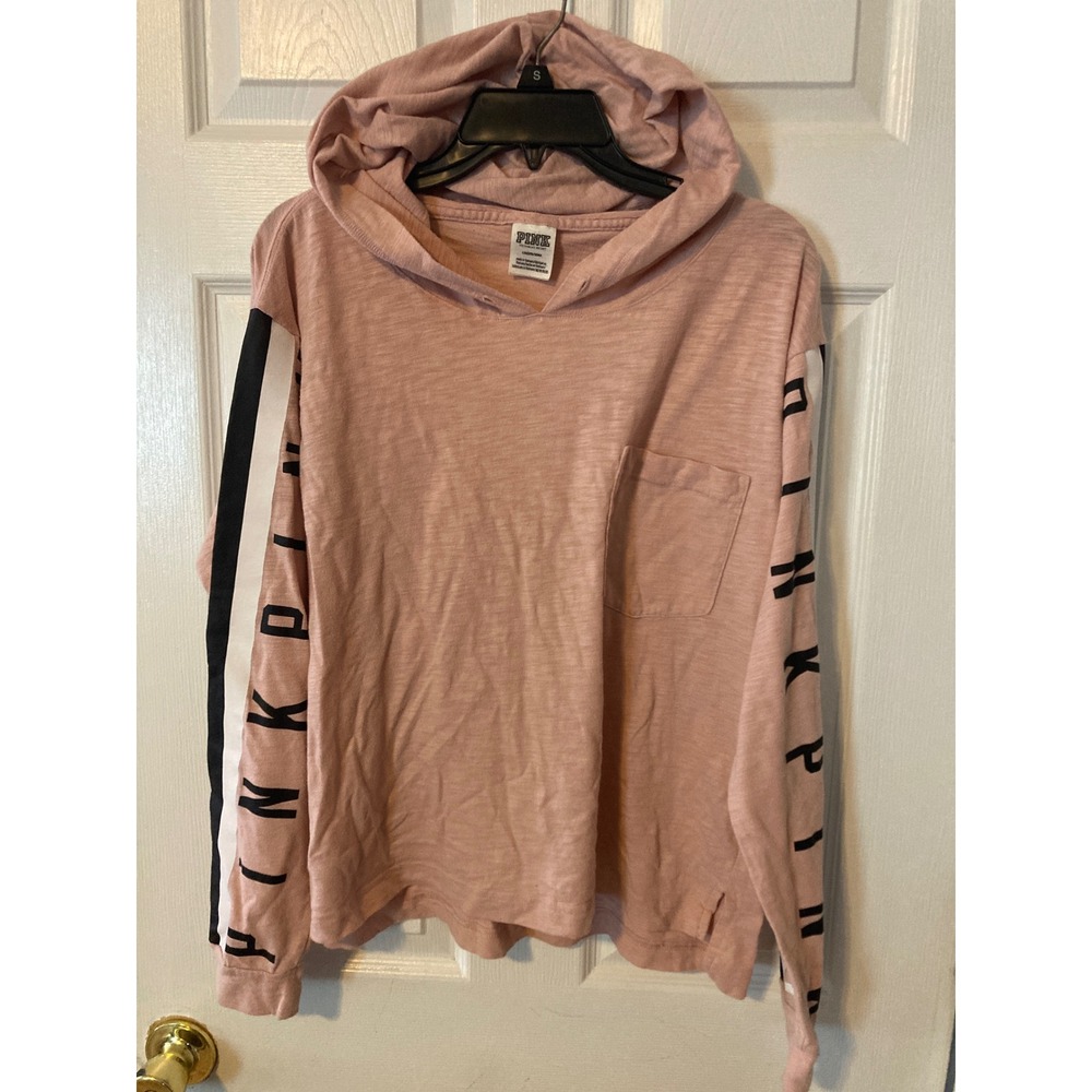 Pink Victoria's Secret Hoodie Long Sleeve Slub Knit Logo Tape T-Shirt Pink Large